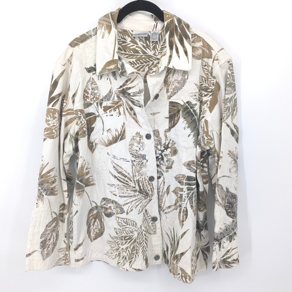Chicos Jacket Tropical Lace Embroidery Womens XL Cream Button Front Vacation